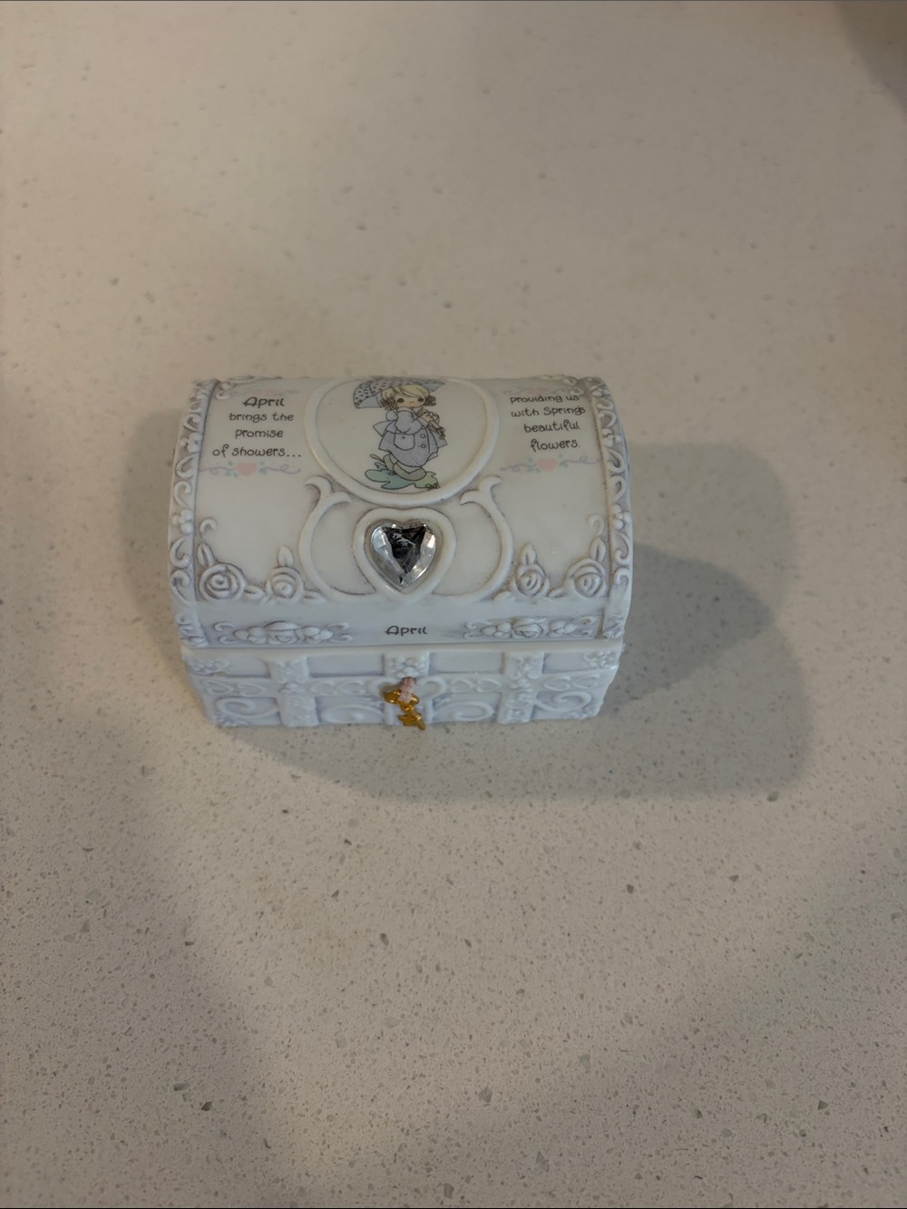 Precious Moments White April Trinket Chest with Silver Heart Accent